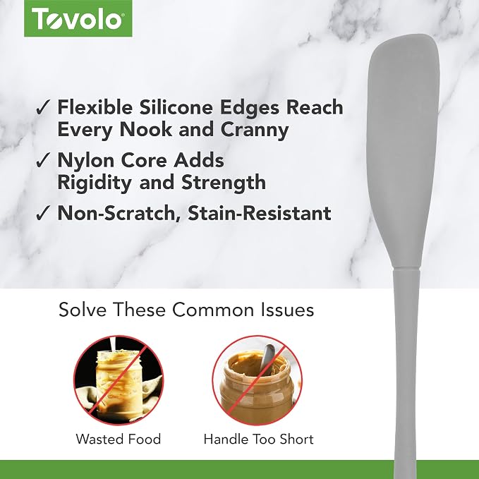 Tovolo Silicone Jar Spatula Long Handled Rubber Scraping Scooping Tool for Peanut Butter Jam Jelly Jars Blenders, Extra Long Flex Core Silicone Jar Scraper Dishwasher Safe BPA Free, Oyster Gray