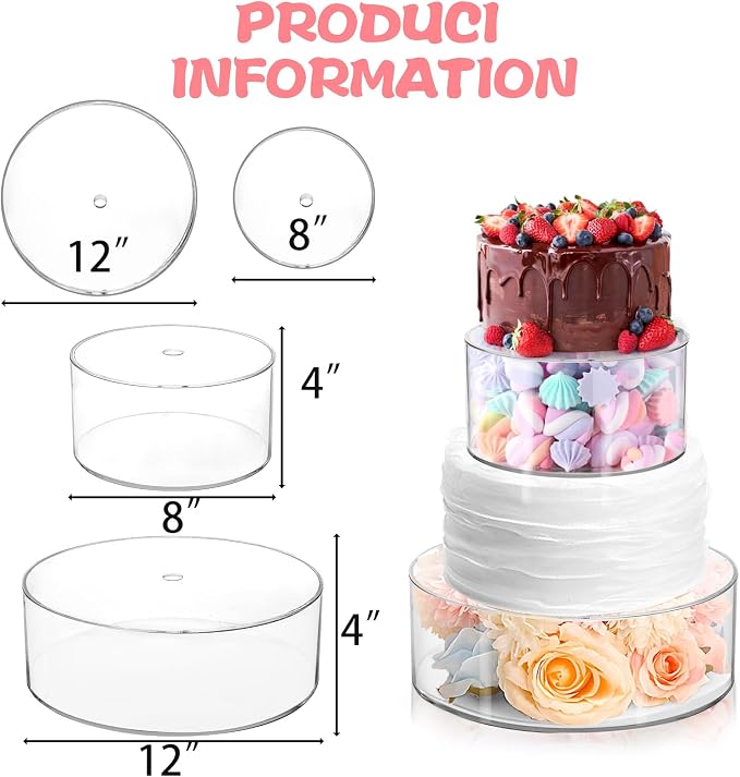 Jucoan Set of 2 Clear Acrylic Fillable Cake Stand, Cake Tier Display Stand Cupcake Stand, 12 Inch & 8 Inch Round Cylinder Display Riser for Wedding Birthday Baby Shower Easter Party Centerpieces