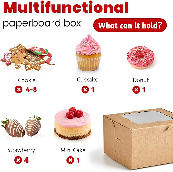 ZORRITA 24pcs Small Cookie Boxes with Window, 4x4x2.5 Inch Kraft Bakery Boxes with Stickers Dessert Treat Containers for Pastry Mini Cake Strawberry Donut Individual Cupcake