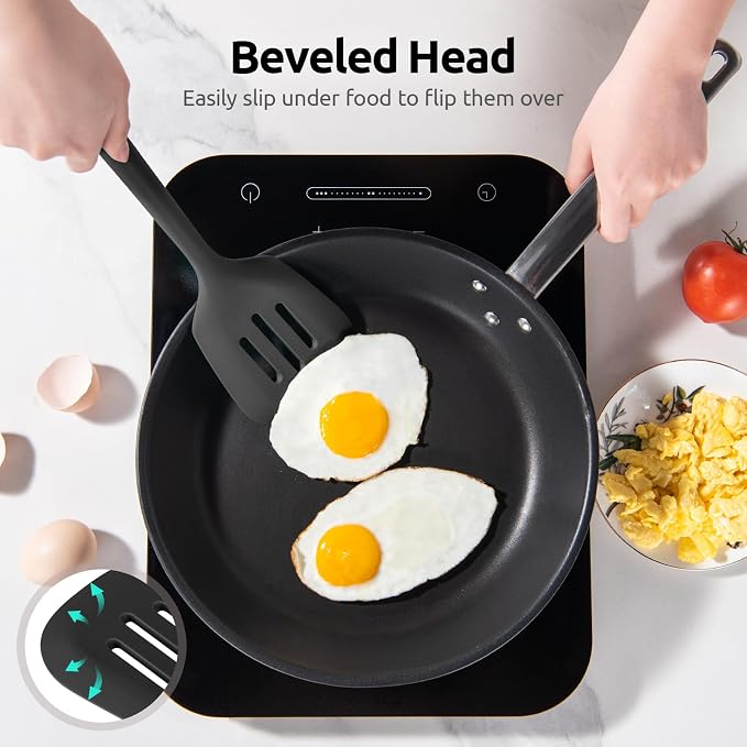 600ºF Heat Resistant Silicone Turner: U-Taste 13.6in Long Solid & Slotted Thick Kitchen Spatula Flipper, Large Flexible Cooking Utensil for Flipping Egg in Nonstick Cookware (Classic Black, 2PCS)