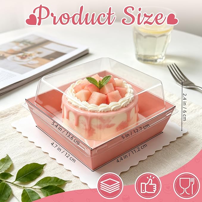 Nexboraque 100 Pack Small Charcuterie Boxes with Clear Lids, 5 Inch Cake Disposable Square Dessert Food Box Containers for Cookie, Sushi, Muffins, Fruits Display (Pink)