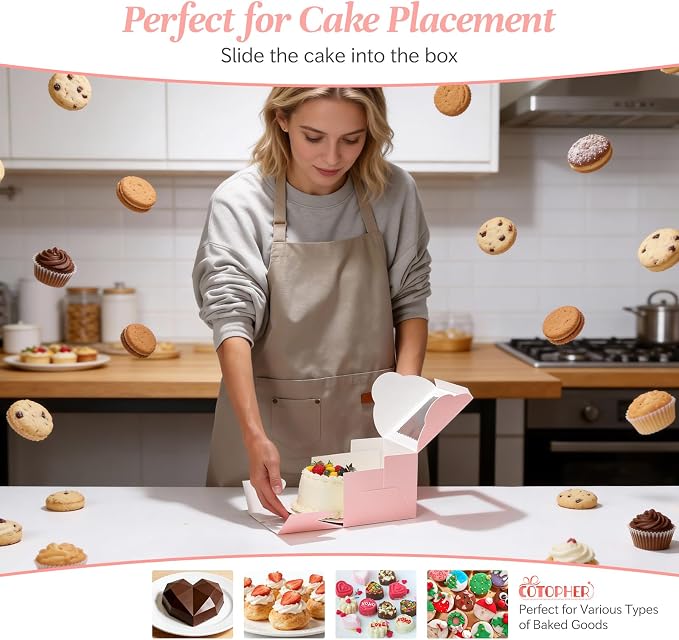 COTOPHER 50pcs 6x6x5 Inch Mini Cake Boxes, 6 Inches Small Bakery Box (25 Boxes & 25 Boards), Bento Cake Containers for Cookies, Cupcake, Desserts, Birthday, Party, Wedding, Valentine's Day