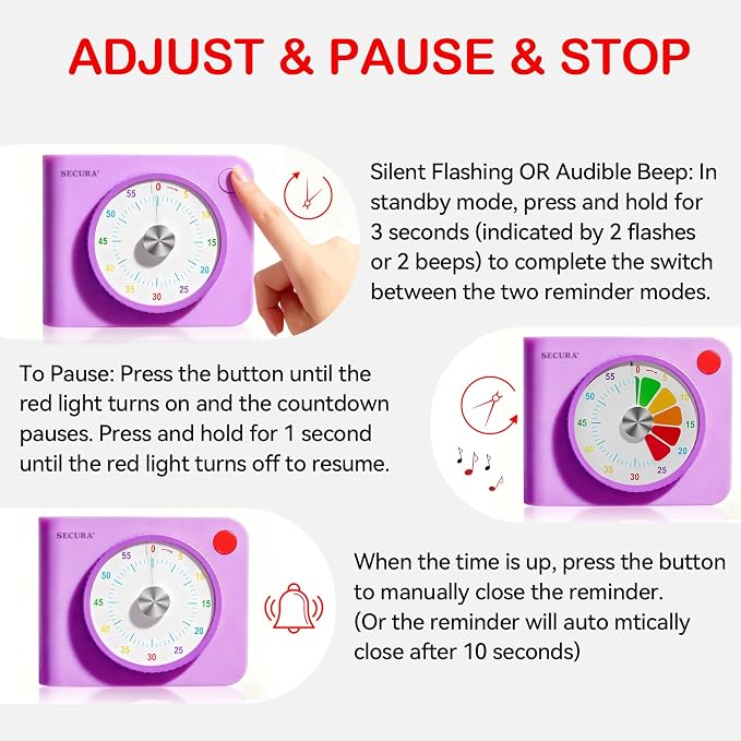 Secura Rainbow Visual Timer for Kids, 60-Minute Countdown Timer | ADHD Timer for Time Management, No Ticking for Focus, Mute & Beep Alert, Pause function, Magnetic Backing, Stand (Purple)