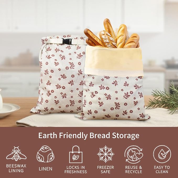 Saicefe 2 Pack Reusable Beeswax Bread Bags for Sourdough & Homemade Bread, Linen Waxed Bags Keeps Fresh Longer XL Food Storage Bags with Beeswax Lining, Freezer Safe, Baking Supplies for Sourdough