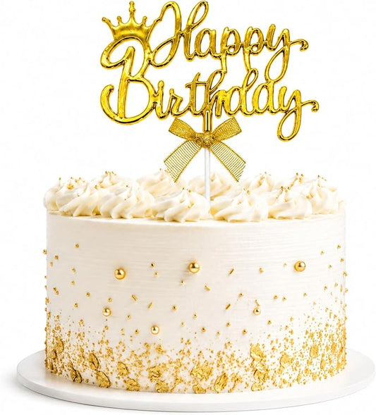 Gold Acrylic Happy Birthday Cake Topper with Crown and Bow | Glossy gold acrylic script with crown and bow adds an elegant finishing touch to birthday cakes and celebration desserts.