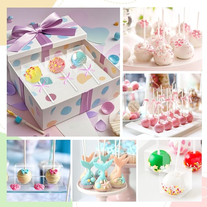 MGWOTH 35 Set Cake Pop Boxes with Paper Sticks Kit: Clear Gift Container with Holes for Candy, Macaron, Lollipop Packaging, Mini Plastic Cakepop Wrapping for Wedding Party Birthday Christmas
