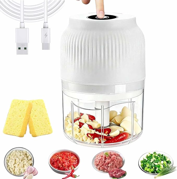 Household Electric Garlic Crusher, 400ml Mini Electric Food Chopper, Portable Mini Food Processor with 6 Blades, Wireless Electric Garlic Chopper for Ginger, Chili, Fruit, Meat, etc (4 Blades White)