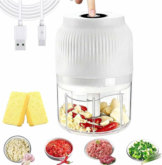 Household Electric Garlic Crusher, 400ml Mini Electric Food Chopper, Portable Mini Food Processor with 6 Blades, Wireless Electric Garlic Chopper for Ginger, Chili, Fruit, Meat, etc (4 Blades White)