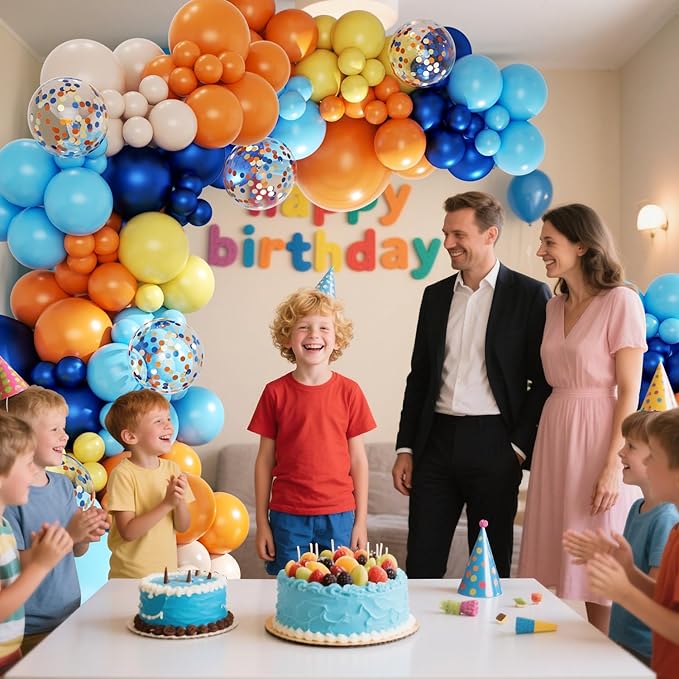 Blue Orange Balloon Garland Arch Kit, 143Pcs Navy Blue Yellow Sand White Confetti Balloons for Birthday Baby Shower Gender Reveal Decorations