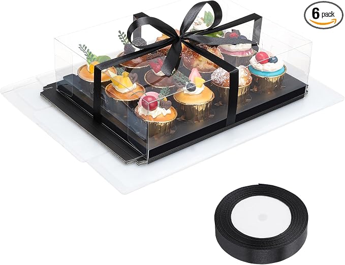 EUSOAR Black Cupcake Boxes, 6 Pack 12 Count Bakery Take out Containers Rectangle Muffins Holder with Ribbons, Assembly Cupcake Carrier Clear Mini Cake Wrappers Holder for Wedding Birthday Favors