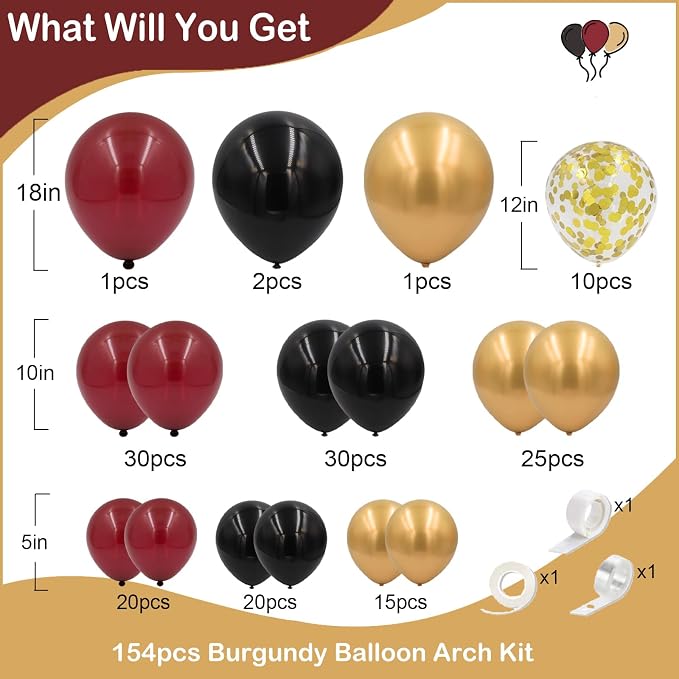 Burgundy Balloon Arch Garland Kit 154pcs Burgundy Maroon Black Gold and Confetti Balloons In Different Sizes for Wedding Valentines Day Baby Shower Birthday Party Decorations