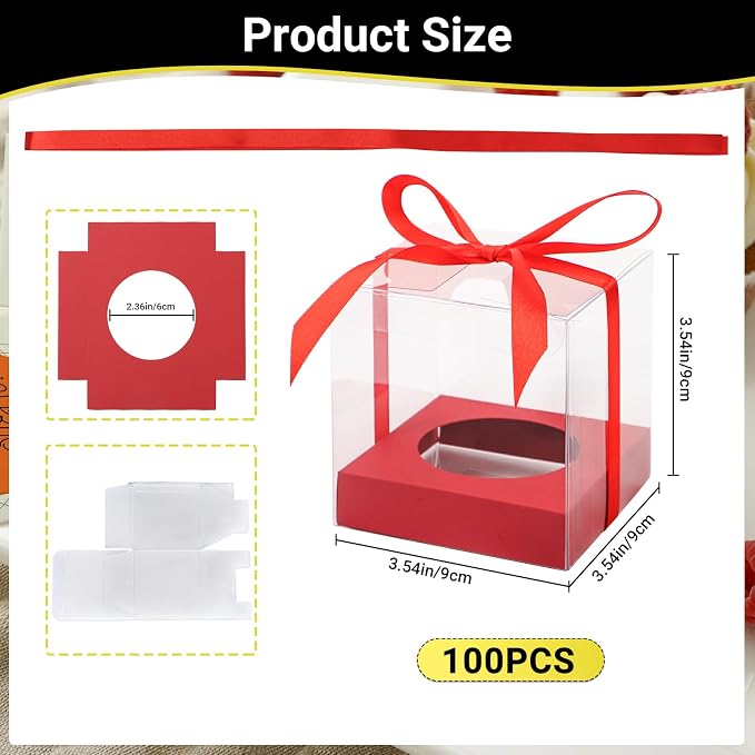 EUSOAR Cupcake Boxes, 3.5 Inch 100 Packs Muffins Gift Wrappers individual Cupcake Containers with Ribbon, Clear Dessert Pastry Holder Disposable Cookies Carrier for Wedding Party Favor Bakery-Red