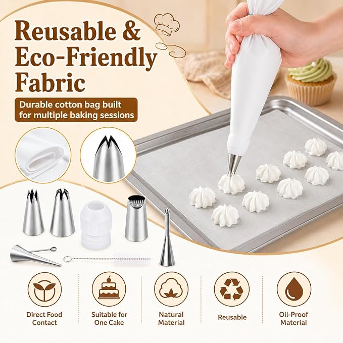 10-Piece Reusable Piping Bags and Tips Set-Cotton Baking Kit with Coupler,16inch Pastry Bags,Stainless Steel Nozzles & Cleaner for Cakes/Cupcakes/Cookies Decorating (10 Pcs)