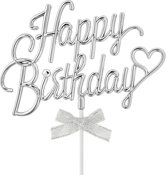 Silver Happy Birthday Cake Topper Plastic - 3D Double Sided Cursive Happy Birthday Sign for Cake with Bow, Idea for Cake Decoration (SILVER)