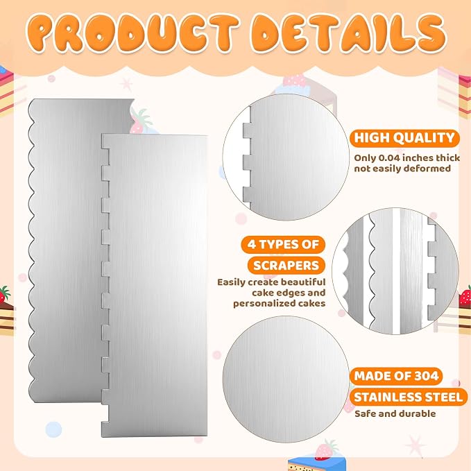Cake Scraper Smoother 2Pieces Metal Cake Scraper 8.7 in Cake-Smoother for Icing Stainless Steel Cakes Comb Double Sided Patterned Edge Stripe Edge Smoother Scrape Pastry Cutter for Mousse Butter Cream