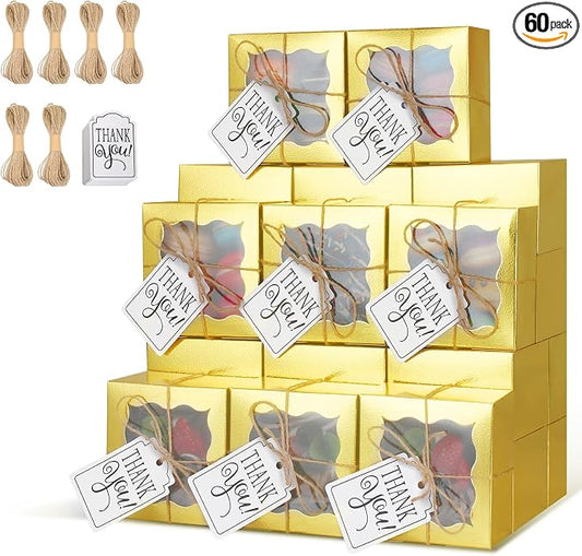 KPOSIYA 60 Pcs Gold Bakery Boxes with Window Individual Cupcake Boxes 4x4x2.5 Inches Cookie Boxes Kraft Paper Gold Gift Box for Pastries, Cookies, Pie, Donuts, Macaroon