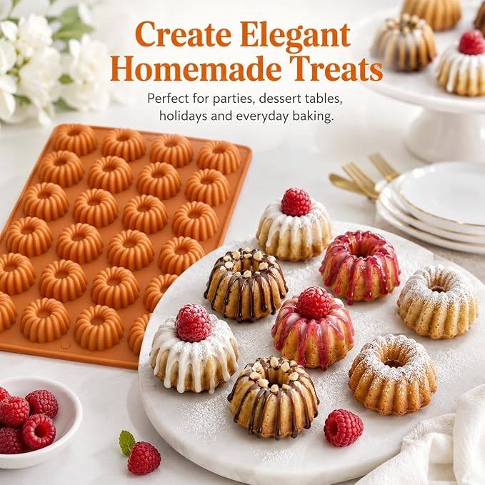 2 Pack Bundt Cake Silicone Mold, 48 Cavity Fluted Ring Baking Pan, Nonstick Buntz Mold for Chocolate, Jelly, Pudding, Ice Cubes, Donuts and Bite Size Cakes
