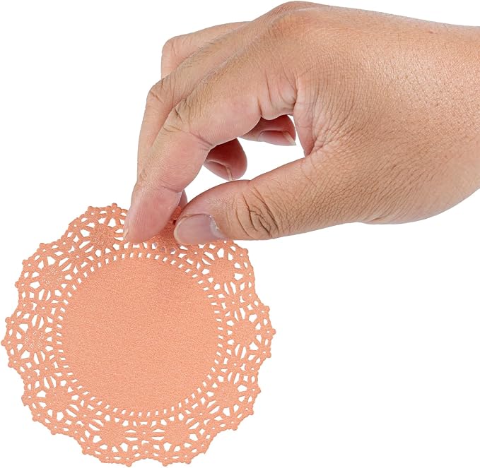 Pastry Tek 4 x 4 Inch Paper Lace Doilies, 100 Disposable Table Doilies - Elegant Lace Finish, Long Lasting, Coral Paper Doily, for Pastries, Cupcakes, Desserts - Restaurantware