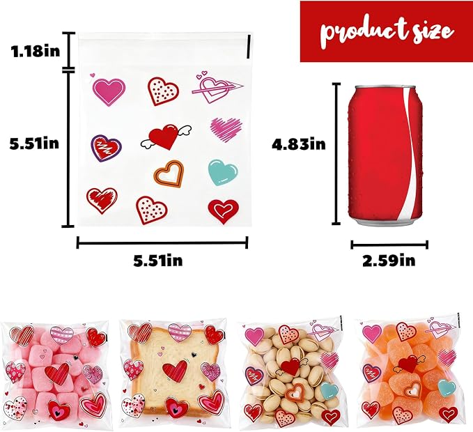 200PCS 5.5x5.5inch Valentine Cellophane Bags, Heart Cookie Bags | Clear Red Pink Lovely Printed Bags, Self Adhesive OPP Treat Bag for Cookie Bakery Present Gift Goodies DIY Candy Decorating