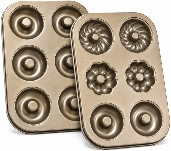 Donut Pans for Baking, 2-Pack 6-Cavity Nonstick Carbon Steel Doughnut Pans, Round and Decorative Shapes, Gold