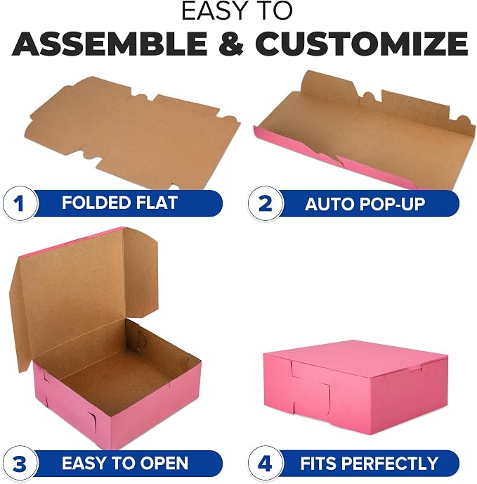 Fit Meal Prep [10 Pack] Pink Bakery Boxes 8x8x4 Pastry Box for Cupcakes, Desserts, Cookies, Candies - Ideal Packaging for Bakeries and Home-made Baked Goods, Favors, and Gifts