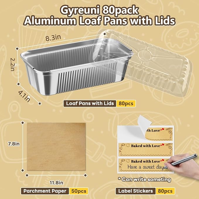 Gyreuni 80 Pack Aluminum Loaf Pans with Lids Stickers and Parchment Paper Sheets,2.4Lb Heavy Duty Aluminum Foil Premium Bread Tins - 8.3" X 4.1" X 2.2" Disposable Baking Pans