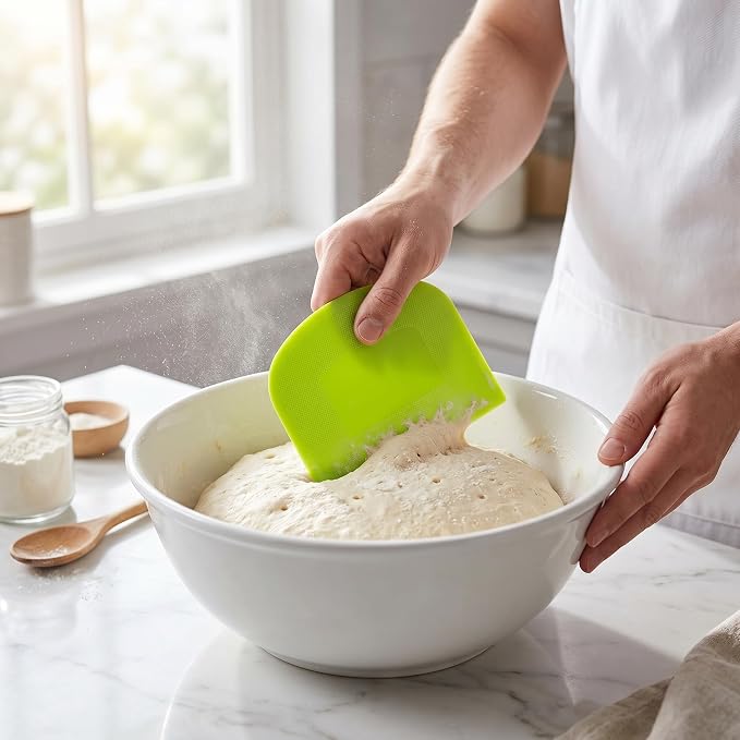 5 Pack Dough Scraper for Baking, BPA-Free PE Flexible Bowl Scraper, Food Grade Plastic Dough Cutter for Bread, Cake Dough, Fondant, Icing and Pastry, White Green Mustard Yellow Blue Pink