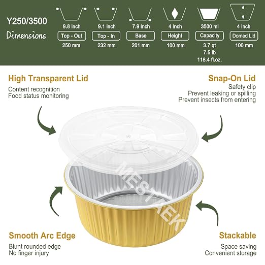 118oz Deep Round Aluminum Foil Pans with Lids, 5 Pack | 10 Inch Round, 4 Inch Deep, Heavy Duty Foil, Ideal for Baking, Meal Prep and Food Storage