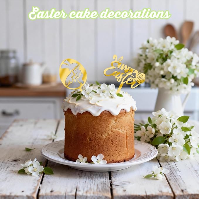 8Pcs Gold Happy Easter Cake Toppers Mirror Acrylic Bunny Egg Cake Picks Bunny Cupcake Decor for Spring Easter Party Cake Desserts Decor Supplies