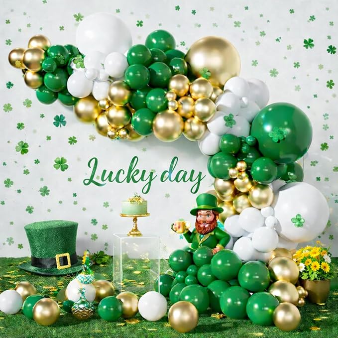 Green and Gold Balloons Garland Arch Kit,154pcs Different Size Emerald Green White and Metallic Gold Latex Balloons for Birthday Wedding Baby Shower St. Patrick's Day Jungle Theme Party Decorations