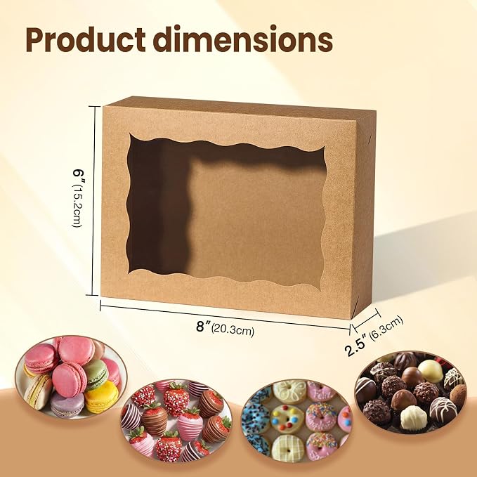 25 Pcs8 x6 x2.5 Brown Cookie Boxes with Window, Gift-Ready Pastry Box for Chocolate Strawberries, Macarons, Truffles, Perfect for Thanksgiving Day,Father's Day, Christmas Party Favors