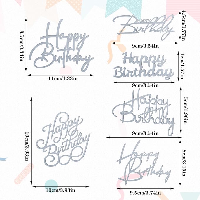 6 Silver Happy Birthday Cake Topper Set: Acrylic Cake Signs, Side Mirror Inserts & Cupcake Accents for Dessert Party Decor