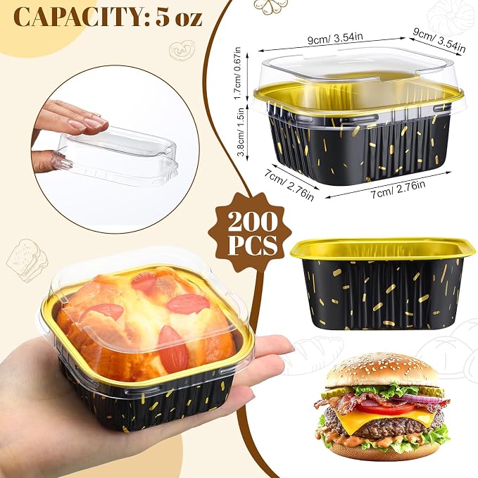 200 Pack 5 oz Mini Cake Pans with Lid, Aluminum Foil Mini Baking Tins, Square Disposable Cupcake Baking Cup Dessert Container for Wedding Birthday Party Picnic(Black,Stylish)