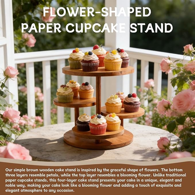 4 Tier Round Cupcake Tower Stand Wooden Cupcake Stands for 50 Cupcakes 360° Rotating Wood Dessert Display with Tiered Tray Wooden Cake Tier Stand(COLOR:wood)