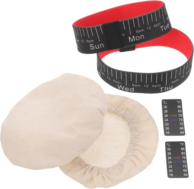Sourdough Starter Jar Accessory Kit 2 Cloth Covers 2 Thermometer Stickers 2 Date Marking Bands for Fermentation Jar Monitoring and Batch Tracking