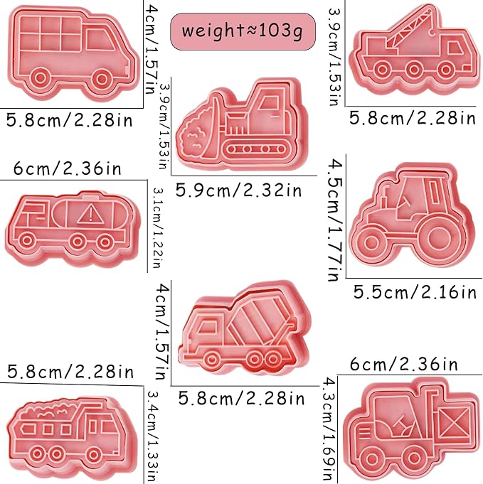 8 Pcs Construction Vehicle Themed Cookie Cutters Set Cute 3D Cartoon Excavators Bulldozers Biscuit Cookie Stamps for Party Cookie Baking Frosting Decoration Fondant Muffins Cheese Mousse