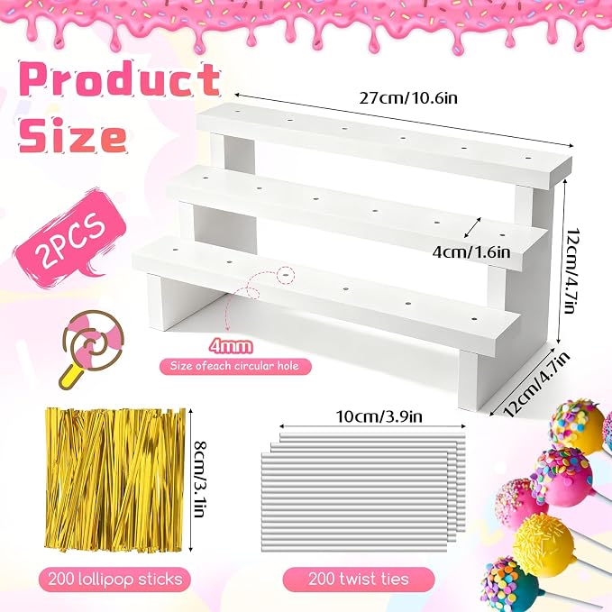 2Pcs Wood Cake Pop Stand 3 Tier Wood Lollipop Holder 17 Hole Sucker Display Riser with Lollipop Sticks & Gold Twist Ties for Dessert Table of Wedding Baby Shower Birthday Party