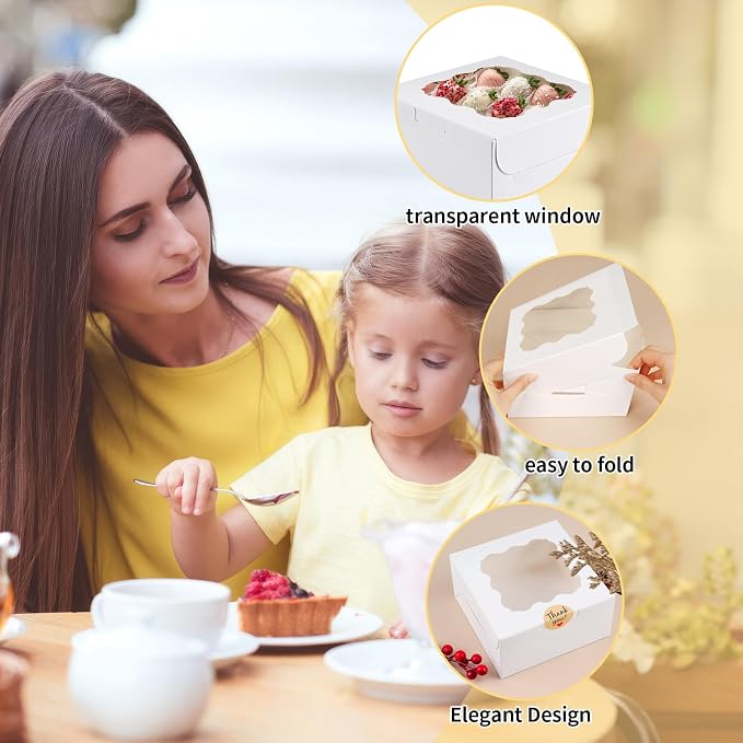 WINKIO 12 Pieces Cookie Boxes with Window, 6×6×3 Inches Treat Boxes for Bakery Dessert Pastry Mini Cake Favor Donut Baked Goods (White, with Stickers)