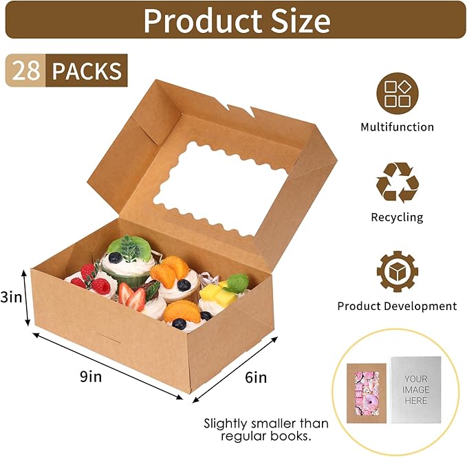 Moretoes 28pcs Cookie Boxes with Window, 9x6x3 Inch Brown Bakery Boxes Pastry Containers for Chocolate Covered Strawberries, Candy, Muffins, Donuts