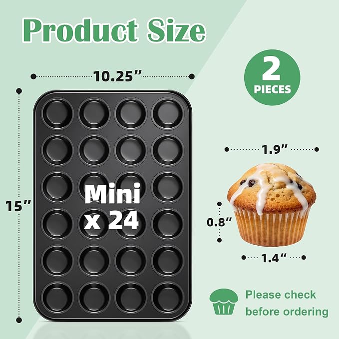 P&P CHEF 24-Cup Mini Muffin Pan Tin, Nonstick Carbon Steel Cupcake Pans, Versatile Bakeware Ideal for Mini Muffin Cupcake Egg Tart Pudding, Oven Safe & Even Bake, Healthy & Easy Clean, Black, 2Pcs