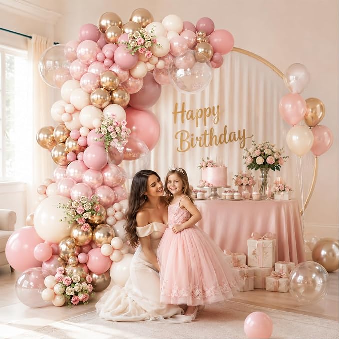 Double Stuffed Dusty Pink Balloon Arch Kit for Girls, Pearl Pink White Gold Balloon Garland for Baby Shower Birthday Wedding Bridal Party Decorations with Clear Metallic Rose Gold Balloons