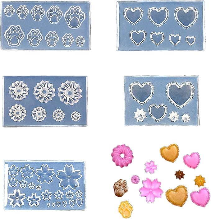 CoolDIY 3D Multipurpose Mini Silicone Mould Set: Heart, Donut, Cherry Blossoms, Multiple Designs - Perfect for Clay Crafts, Nail Art Decor (5Pcs Group3)