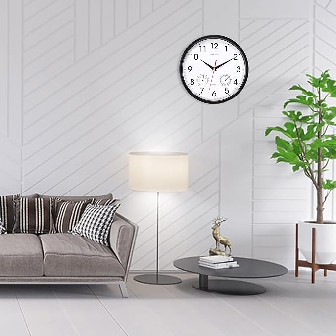 Wall Clock, Sweep Silent Movement Accurate Clocks with Temperature & Humidity, Decorative for Kitchen/Living Room/Bedroom/Office/School/Classroom (Black, 10 inch)