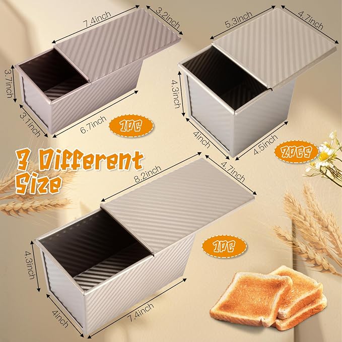4 Pcs Pullman Loaf Pan with Lid, 1LB/0.8LB/0.5LB Dough Capacity Bread Loaf Pan, Non-Stick Bread Pan, Carbon Steel Sandwich Bread Loaf Pans for for Homemade Baking Sandwich, Bread, Sourdough