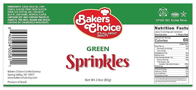 Bakers Choice Green Sprinkles for Baking - Jimmies Sprinkles for Ice Cream Toppings - Dairy Free, Kosher 2.8 oz.
