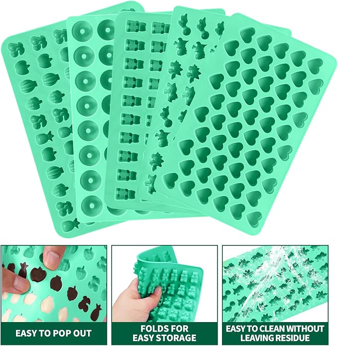 Silicone Gummy Molds Set of 5, Candy Molds Silicone with 2 Droppers for Convenient Filling, Gummy Molds Set Includes Dinosaur, Bear, Donut, Heart and Fruit