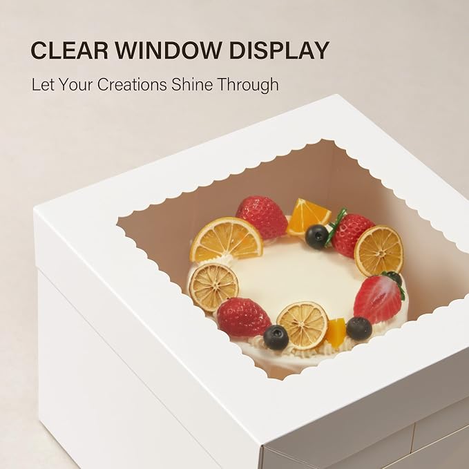 Kootek 4pcs Cake Boxes, 10x10x8 Inches Tall Cake Box with Window, White Bakery Boxes, Large Baking Boxes, Square Cardboard Cake Box for Multi-Layer Cakes, Cake Decorating Supplies for Gift Giving