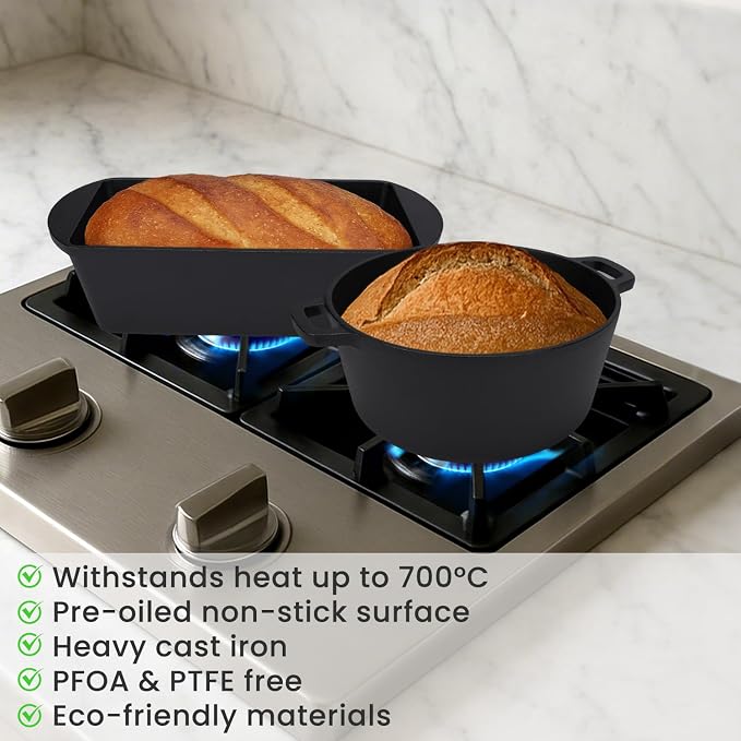 QuliMetal Cast Iron Dutch Oven for Sourdough Bread, 5QT & 3.2QT Loaf Pan with Lid Pre-Seasoned Bread Oven with Sourdough Bread-Baking Supplies, Crispy Crust Artisan Bread Baking Set for Home Bakers