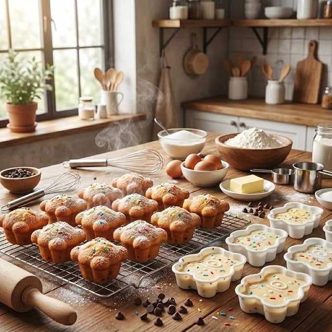 Silicone Mini Fluted Cake Pan Set 12 Pack Nonstick Mini Flan Molds Cute Baking Mold for Cupcakes Donuts Muffins Brownies Cornbread Jelly for Owen Reusable Baking Tray(White, Bear)