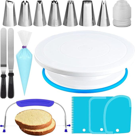 RFAQK 35PCs Cake Turntable and Leveler-Rotating Cake Stand with Non Slip pad-7 Icing Tips and 20 Bags- Straight & Offset Spatula-3 Scraper Set -EBook-Cake Decorating Supplies Kit -Baking Tools | Turntable, 2 Spatula, 20 Icing Bags, 4 Scraper, 7 Piping ...